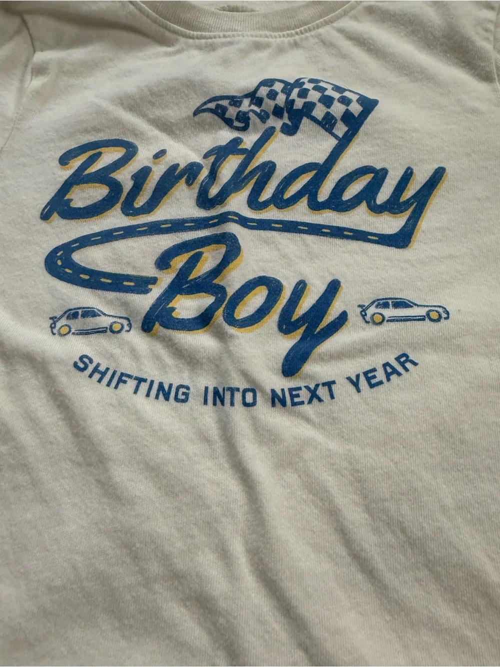 Old Navy Cream Tee with Blue & Yellow Birthday Racing Graphic